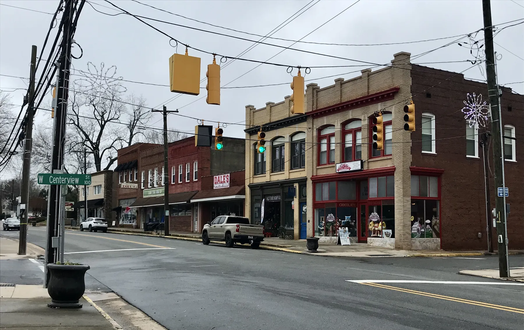 Brick storefronts at Main Street and Centerview Street in downtown China Grove, NC